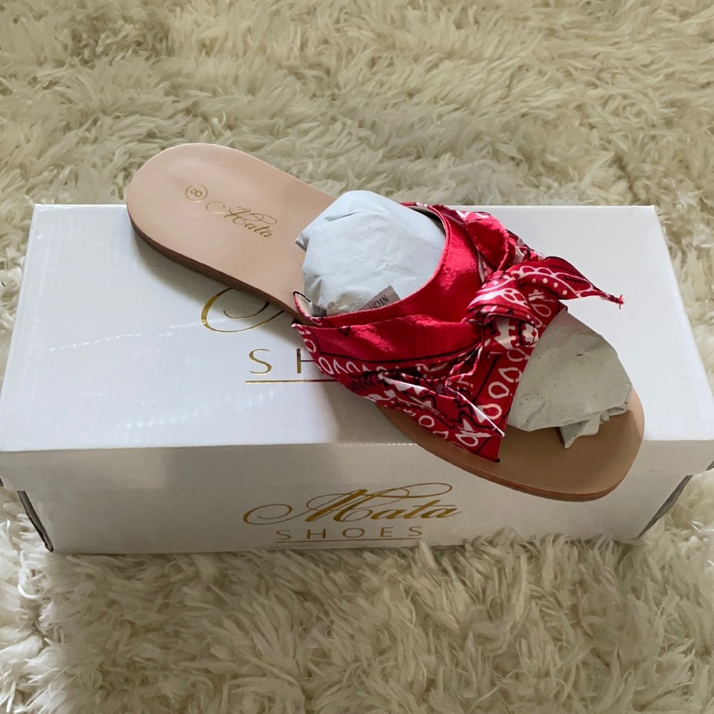 Red bandana print open toe sandal.